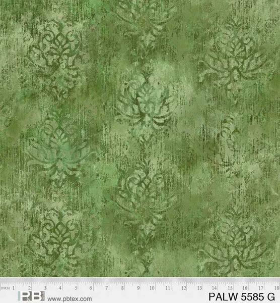 Palazzo Green - Distressed Damask 108" by P&B Textiles