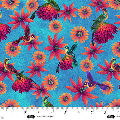 Luminous Haven - Bright Blue - Humming Birds and Flowers