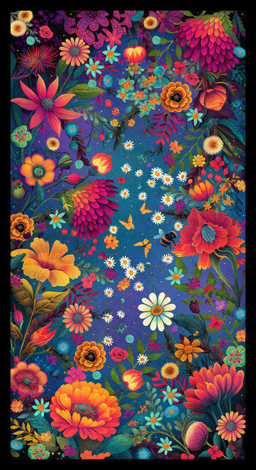 Luminous Haven - Dark Blue - Panel with Flowers and Bugs