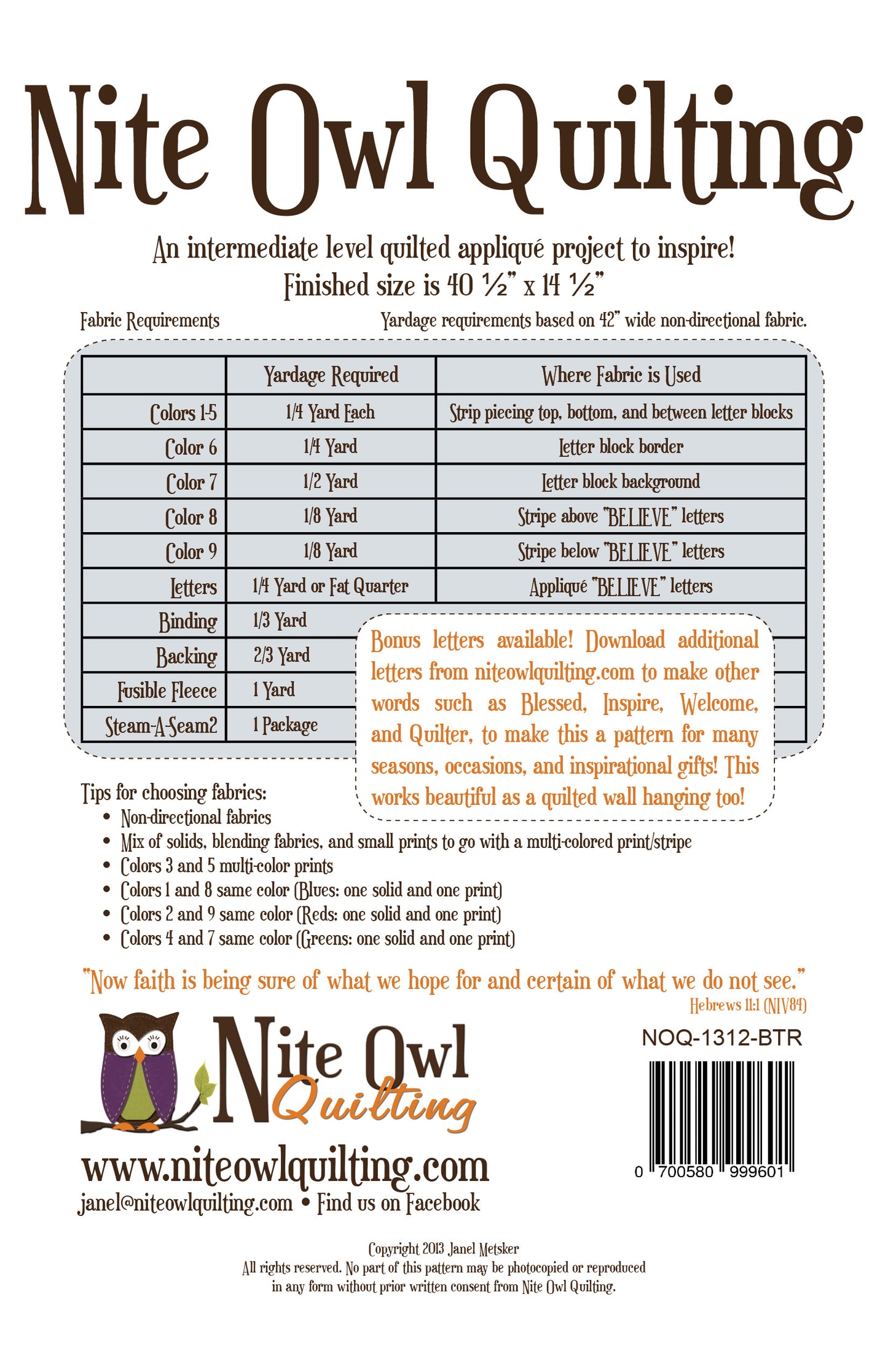 Believe Table Runner pattern - NOQ